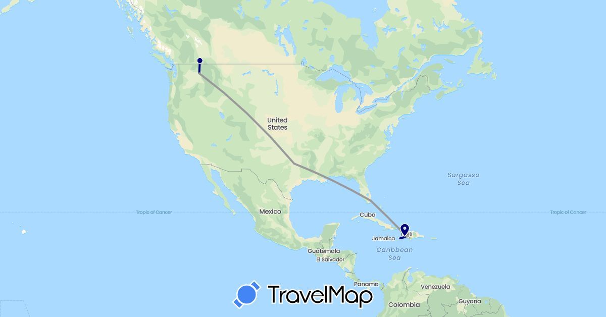 TravelMap itinerary: driving, plane in Canada, Haiti, United States (North America)